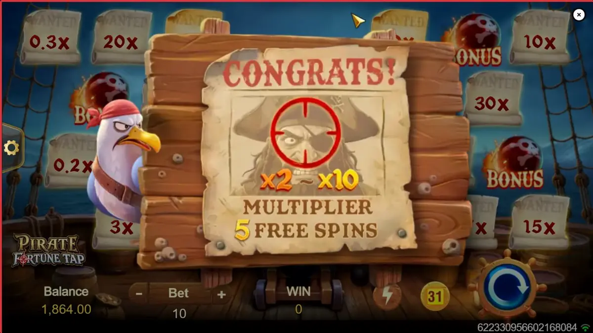 Kapal bajak laut dengan meriam di latar belakang laut lepas untuk game Pirate Fortune Tap