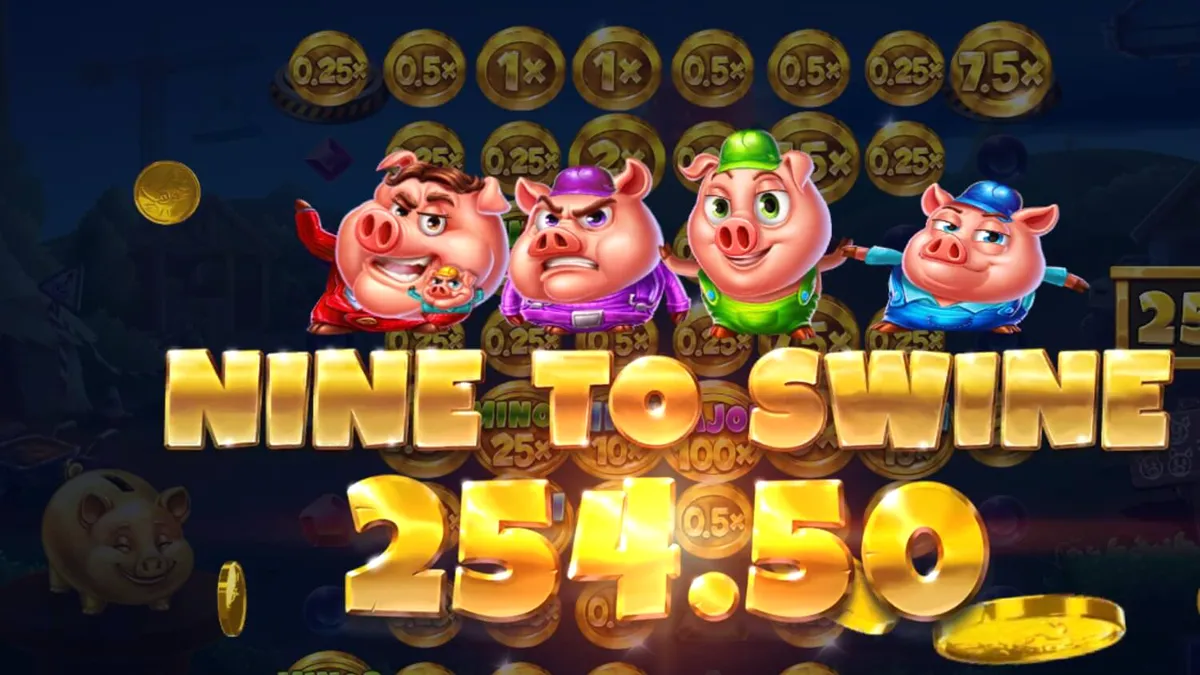 Pemandangan visual permainan slot Huff n Puff CollectR dengan tema babi konstruksi dan serigala.