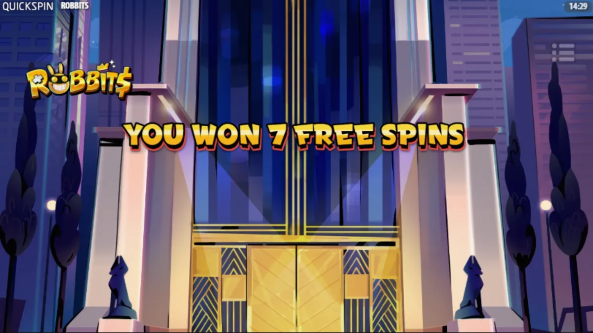 Karakter kelinci perampok dalam slot Robbits dengan latar belakang kasino neon.